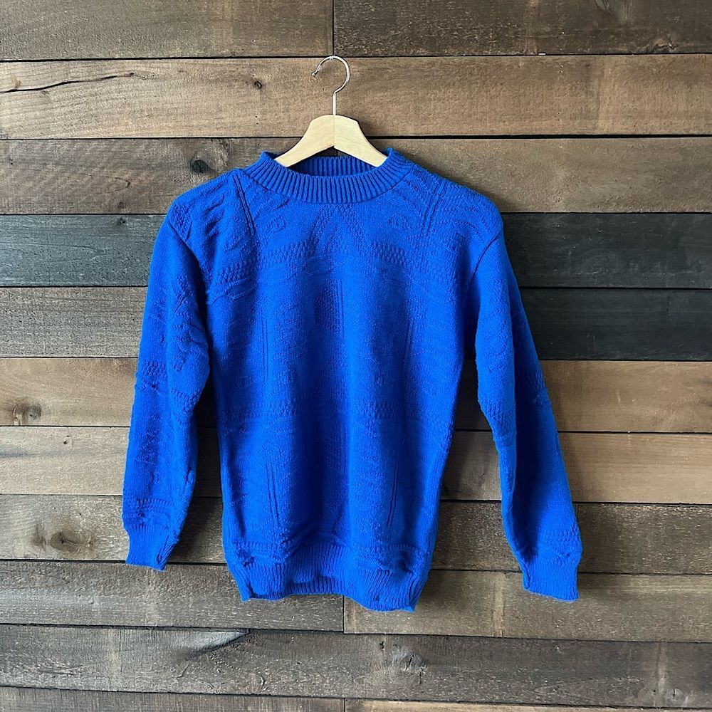 Vintage 90s Chava Knit Sweater Blue Textured Mock Neck Lightweight Pullover